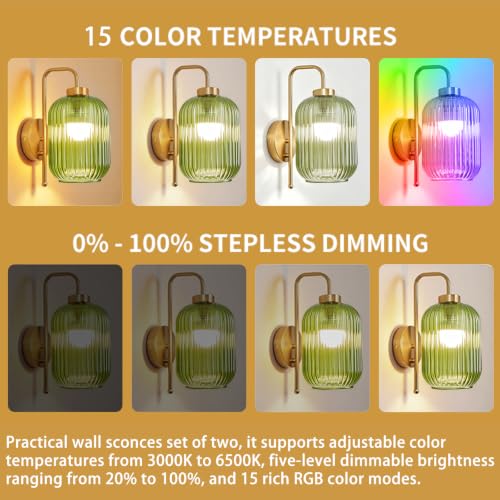 Wireless Rechargeable Battery Operated Wall Sconce with Glass Lampshade - color: Gold-Green Shade