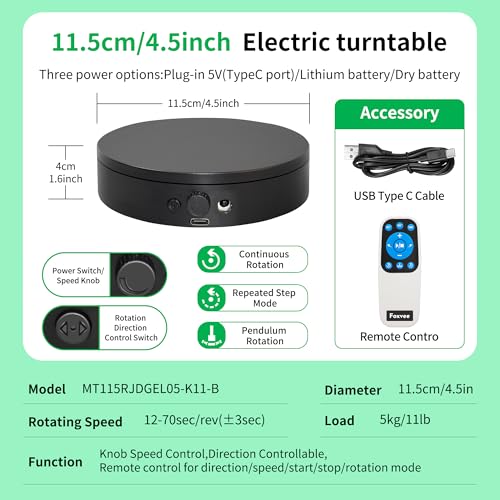Remote-Controlled Electric Turntable,360° Silent Spinning Display Stand,Speed-adjustable Rotating Platform,Multi-mode Rotating Display Base,Rotating Display Stand For Showcase(4.53in/Black) - size: 4.53inch/Black/11Lbs Load