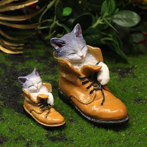 2pcs Decorative Sleeping Cat in Boot Garden Figurine, Tan Resin Boots with Gray Cats, Indoor Outdoor Decor, Gifts for Women Mom Grandma - color: 2pcs Cat Boots