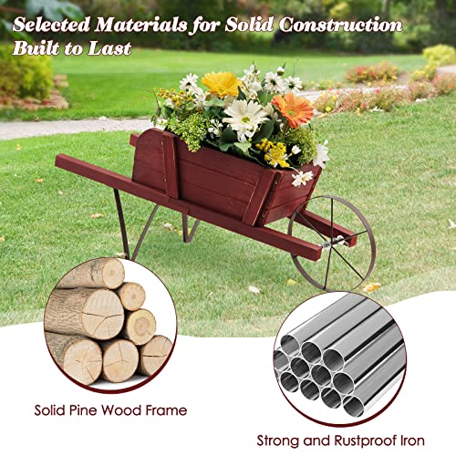 S AFSTAR Wood Wheelbarrow Planter, Flower Plant Pot Wheelbarrow Cart w/Metal Wheel & 9 Replaceable Magnet Accessories, Wooden Wagon Planter Wheelbarrow Decor for Outdoor Garden Backyard (Red) - color: Red