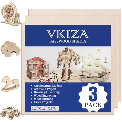 3 Pack Basswood Sheets 1/8"x12"x12", 3mm Basswood for Laser Cutting and Engraving,Thin Plywood Board Unfinished Wood for Crafts, DIY Ornaments and Architectural Model, Wood Burning. - size: 12x12in