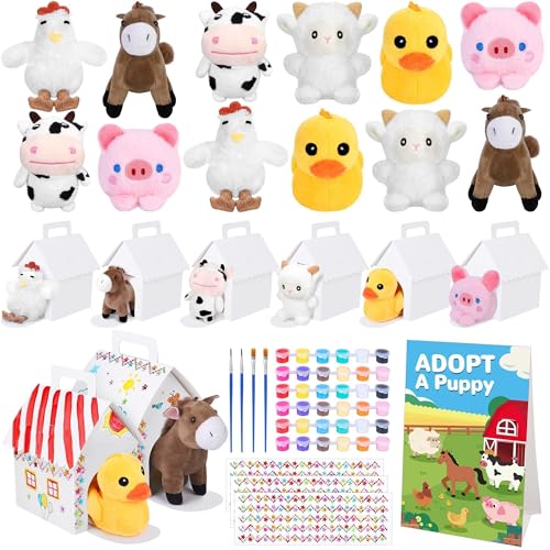 31 Pieces Adopt Farm Animal Party Favors 12 Mini Plush Pet Farm Animals with Keychain Include Adopt a Puppy Sign DIY White House, Paint Brushes Stickers for Birthday DIY Craft Party Gifts