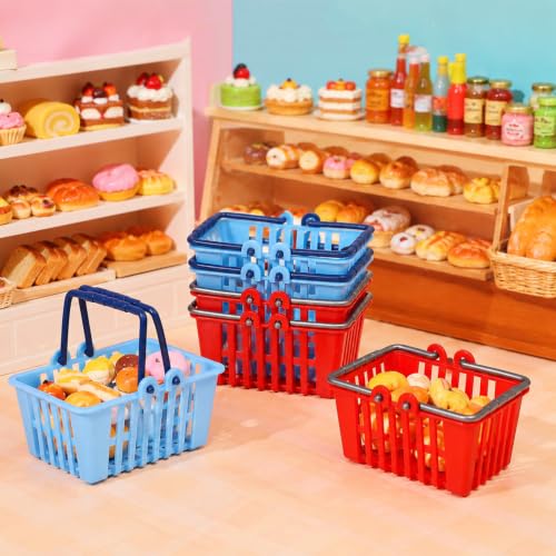 6 PCS Mini Shopping Baskets Miniature Shopping Cart Plastic Basket Miniature Supermarket Shelves Furniture with Removable Handles Model Locker Dollhouse Decor for Cosplay Game Party
