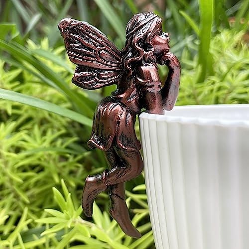 4PCS Miniature Fairies Pot Huggers Garden Planter Pot Hanger Flower Pot and Vase Huggers Resin Vintage Bronze Angel Statue Flying Fairies Figurines Home Office Desk Ornaments