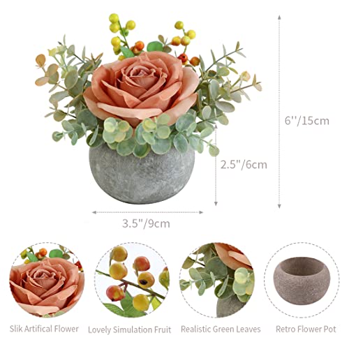 Small Artificial Orange Rose Potted Plant, Mini Faux Floral Decor - color: Orange