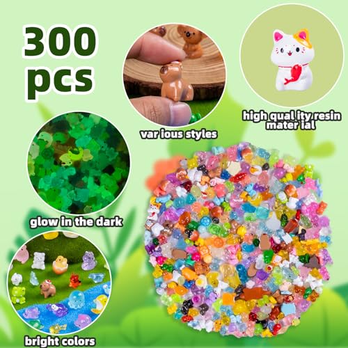 300pcs Mini Resin Animals Different 300 Styles Variety Tiny Animals Figure to Hide Luminous Glow in The Dark for Miniature Fairy Garden Decoration Small Plastic Miniature Crafts Decor Aquarium - color: 300pc