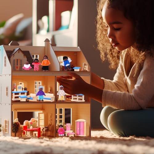 Sumind 35 Pcs Wooden Dollhouse Furniture and 8 African American Dolls Set for Inclusive Creative Play Fits Most 1 12 Scale Miniature Houses Easter Gift for Boys Girls - style: African-American Dolls