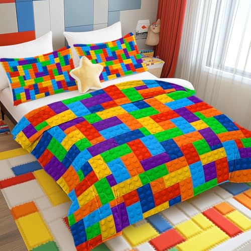 BlessLiving Colorful Building Blocks Twin Comforter Set Kids 3 Pieces - color: 13, size: Twin/Twin XL