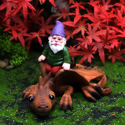 Garden Gnome Riding Dragon Statue, Hand-Carved Original Design, 4.7x3.5 Inch Funny Outdoor Decor, for Dinosaur Lovers, Boys, Fantasy Garden Figurine - style: Gnome Riding Dragon