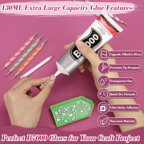 Shynek 2×130ML B7000 Rhinestone Clear Jewelry Adhesive Glue with Precision Tip and 1365PCS Charm Rhinestones Flatback Gem for Craft, Fabric Glue with Tools for Jewelry Making Clothes Elastic String - color: A