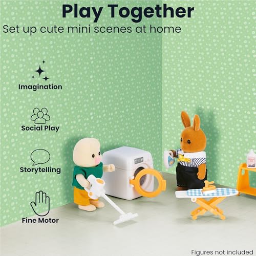 Family Dollhouse Laundry Set — Washing Machine, Ironing Board & Iron, Vacuum, Storage Stand & Rolling Cart — Dollhouse Furniture & Accessories for Ages 3+ - style: Laundry Set