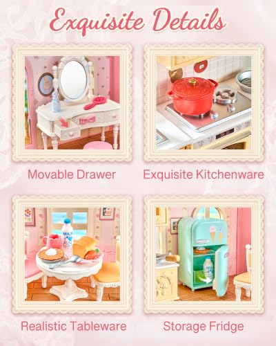 Rolife Dollhouse with LED Light, Haley Island Fairy Rose Dollhouse with 14 Pcs Furniture Accessories, 1:12 Fairy House Building Kit 3 Storey Family Style Pink DIY Crafts Toys Gift for Girls