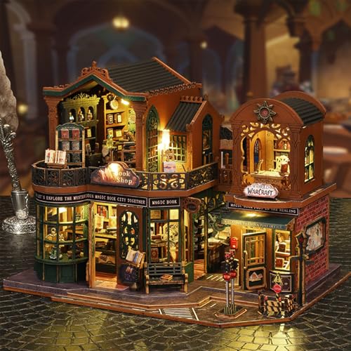 3D Wooden Puzzle for Adult, 3D Puzzle DIY Miniature House Kit for Adult, Booknook with LED Light, 3D Wood Puzzle Gifts for Family, Friend, Bookshelf Decor(Twilight Book City) - color: Twilight Book City