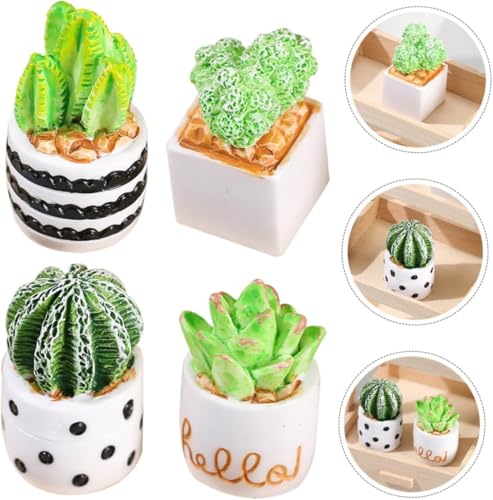 4Pcs Mini Cactus Succulent Resin Ornaments - Cute Car Dashboard Figurines Flower Pot Set - Fairy Garden，Birthday Cakes Decoration，DIY Aquascape Kit, Aquarium Moss Layout Desktop Landscape Accessories.