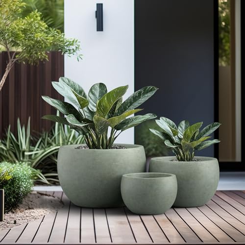 Kante Set of 3 Mint Green Concrete Bowl Planters 19.9" 15.7" 11.8" Dia - color: Mint Green, size: 19.9"D + 15.7"D + 11.8"D