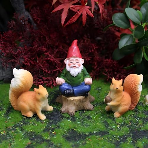 Miniature Garden Gnome with Squirrels, Meditation Fairy Garden Decor Set, 3 inch Tiny Gnome Figurine with 2 inch Squirrels, Plant Pot Decor 3-Piece - style: Meditation Gnome with Squirrels