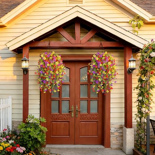Artificial Flowers for Outdoors Spring Decor, 6 Bundles UV Resistant Realistic Faux Silk Hanging Flowers, Fake Plants for Planter Indoor Outside Garden Porch Patio Balcony Yard Farmhouse（Mix） - color: Mixed Color Red, Yellow & Purple