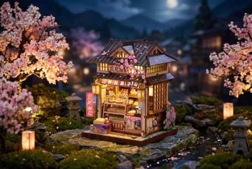 DIY Miniature Dollhouse Kit, Japanese Wagashi Shop 3D Wooden Puzzle with LED Light, Cherry Blossoms & Furniture, Cozy Home Decor, Relaxing Craft Hobby for Adults,Hanamiya - color: Hanamiya