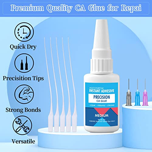 Medium CA Glue Adhesive for Metal and Stones - Quick Dry Model Adhesive With Precision Microtips Applicators for Jewelry Making, Repairing Ceramic, Hobby Crafts