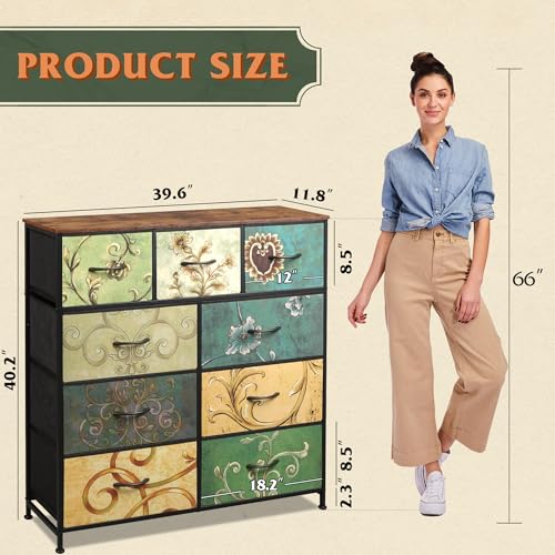 WLIVE Tall Dresser for Bedroom, 9 Drawer Chest of Drawers, Floral - color: Floral Painted
