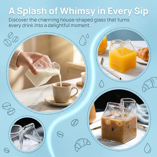 WUWEOT 4 Pack Glass Milk Carton, Clear Square Cocktail Glasses, Mini Cup Creamer Pitcher Coffee Box for Milk, Coffee, Water, Juice, Beverages, Heat Resistant, 12OZ/350ml