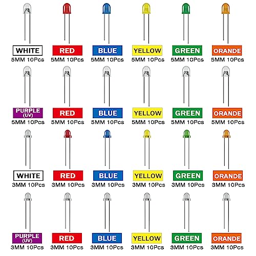 24 Values Multicolor LED Light Emitting Diodes Kit 5MM 3MM White Red Blue Yellow Green Orange Purple Transparent Round LED Lamp Lighting Assorted for Arduino Electronics
