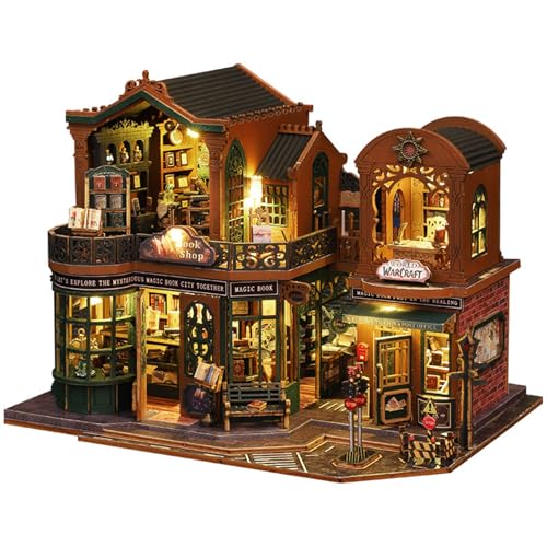 3D Wooden Puzzle for Adult, 3D Puzzle DIY Miniature House Kit for Adult, Booknook with LED Light, 3D Wood Puzzle Gifts for Family, Friend, Bookshelf Decor(Twilight Book City) - color: Twilight Book City