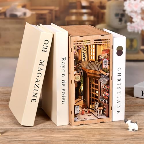 Book Nook Kit, 3D Wooden Puzzles for Adults, DIY Miniature House Kit for Adults, Booknook with LED Light, Gifts for Family, Friends and Book Lovers, Bookshelf Decor(Cat's Alley) - color: Cat's Alley