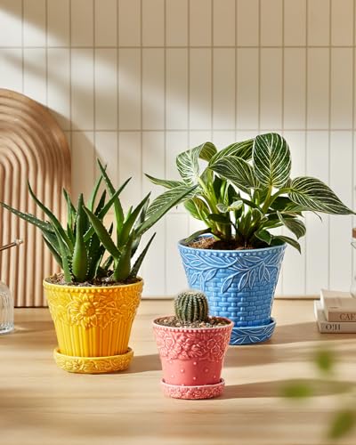 Metahom Ceramic Plant Pots, Assorted Colors, Set of 3, Embossed Design - color: Embossed Assorted Colors