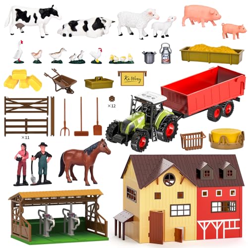 Pupu Pig Farm Animals Barn House Toys - Kids Tractor Toy with Lights & Sound, Horse Stable, Cowshed, Chicken Fence, Animal, Farm Accessories, Easter Birthday Gifts for Boys Toddlers Ages 3+
