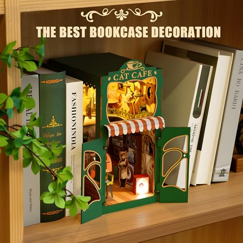 Book Nook Kit,DIY Miniature House Kit for Adults, Teens and Beginners, Dollhouse Booknook Cat Cafe Tiny House Bookshelf Decor 3D Wooden Puzzle, Gifts for Family, Friends - color: Cat Cafe