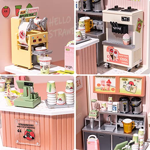 Rolife Plastic House Building Set Toy DIY Miniature Dollhouse Playset with LED for Mini Figures Construction Toys Diorama Kit Gifts for Adults - style: Bubble Tea Shop