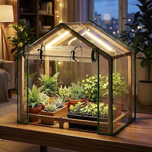 Bamworld Mini Greenhouse Indoor Desktop with Grow Lights - color: brown with grow lights, size: 19.68*19.68*15.15 inch