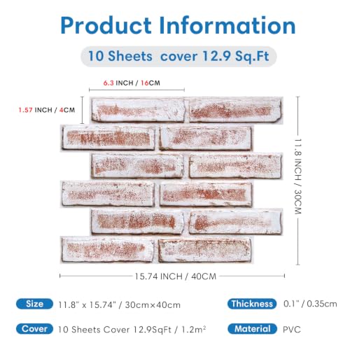 COMSTICKC 3D Faux Brick Wall Panels Peel and Stick, 10 Pcs 15.7" x 11.8" - color: Whitewashed Red Brick