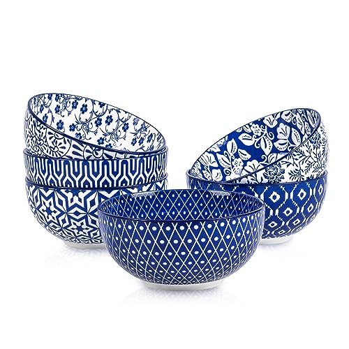 Selamica Ceramic Cereal Bowls Set of 6, 24 Oz Deep Soup Bowls for Kitchen - color: Vintage Blue, size: 5.9 Inch