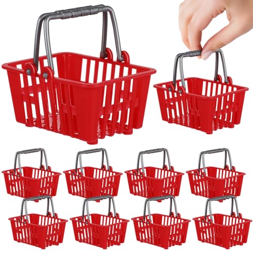 NUOBESTY 10Pcs Mini Shopping Basket Mini Supermarket Cart Tiny Plastic Retail Shopping Baskets with Handles for Kids Party Favors Dool House Ornament Red 2.7x1.2x1.3 Inch - size: 2.56 x 1.77 x 1.38 inches