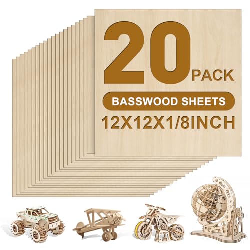 20 Pack Basswood Sheets 1/8x12x12 Inch 3mm Basswood for Laser Cutting, Drawing,Wood Burning, Architectural Models.Plywood Sheets Unfinished Wood Sheets for DIY Crafts. - size: 20P 12X12X1/8in
