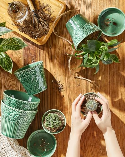 Metahom 4.9 Inch Ceramic Pots for Plants, Flower Pots Set of 4, Green Color - color: Green, size: 4.9 Inch