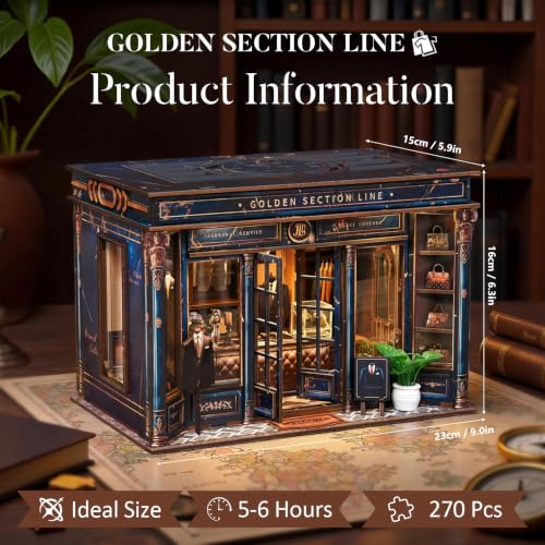 fifijoy DIY Miniature Dollhouse Kit - 3D Wooden Puzzle Book Nook Kit with LED Light, Miniature House Bookshelf Insert Decor for Adults, Creative Gift for Family and Friends (Golden Section Line) - color: Golden Section Line