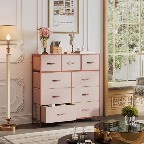 WLIVE Tall Dresser for Bedroom, 9 Drawer Chest of Drawers, Pink - color: Pink