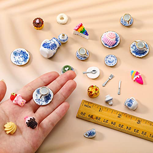 41 Pcs 1:12 Scale Miniature Tea Set Dollhouse Accessories, Porcelain Tea Cup Mini Plate Knife Fork Spoon Resin Dessert, Kitchen Dishes for Doll House Decor