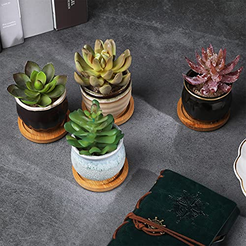 Remerry 12 Pcs Ceramic Succulent Pots 2.5 Inch with Bamboo Trays Small Pots - size: 2.5 Inch