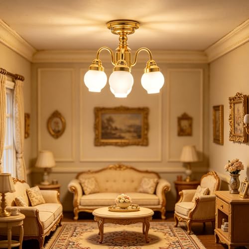TOYANDONA Dollhouse Chandelier 1:12 Scale: 3-Head Round Lampshade Doll House Ceiling Lamp Miniature Dollhouse Lights Battery Operated for Doll House Accessories Decorations