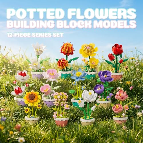 Flower Building Blocks, 12 PCS Assorted Mini Flower Pot Building Set, Artificial Flowers Botanical Collection for Home Decor, Birthday Gifts for Adults & Collectors - color: Rainbow