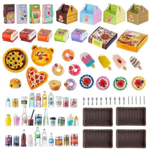 86 Pieces Miniature Pepperoni Pizza Cakes Donuts Tarts Ice Cream Burgers Set with Box for Dollhouse Mini Simulation DIY Prop Decoration Play Food Toys Pretend Kitchen Stores Supermarkets Accessories