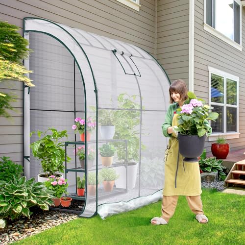 Lean to Greenhouse with 3-Tier Shelves: Ohuhu Portable Walk-in Wall Mounted Green House with Mesh Windows, 79"x39"x83" Reinforced Lean-to Wall Greenhouses with 2 Roll-Up Zipper Doors for Outdoors - color: White, size: 6.6' x 3.3' x 7'