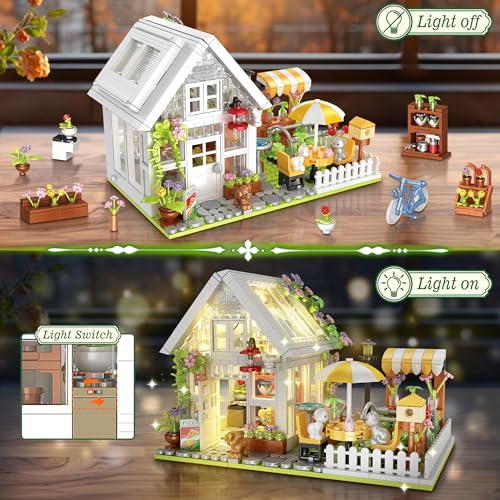 Flower House Building Block for Adults, Garden Architecture Building Toy with LED, Greenhouse Model Building Set, Garden Glass House Building Kit, Christmas & Ideal Gift for Kids 12+ (1188pcs)