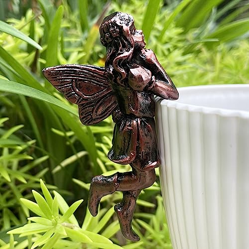 4PCS Miniature Fairies Pot Huggers Garden Planter Pot Hanger Flower Pot and Vase Huggers Resin Vintage Bronze Angel Statue Flying Fairies Figurines Home Office Desk Ornaments