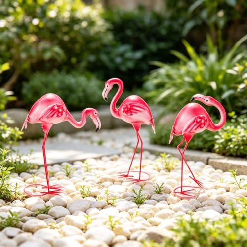 3Pcs Pink Flamingo Garden Statues 15" Metal Flamingo Luau Party Decorations - color: 3 Pack Flamingo