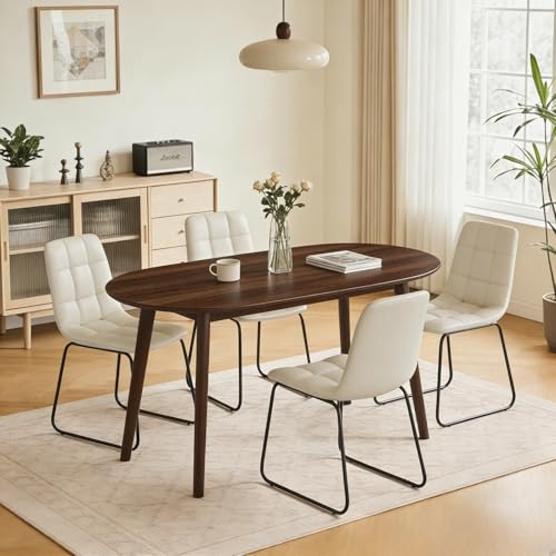 63" Oval Dining Table Set for 4 with Solid Wood Legs - color: Walnut Table C-beige Chairs
